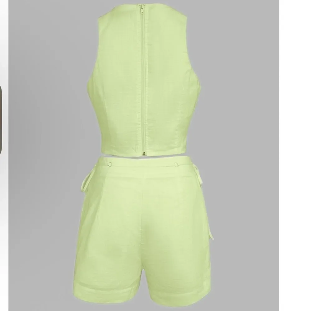 NIP Green Halter Sleeveless Hollow-out Crop Tank Drawstring Short Set Size L - Picture 4 of 5